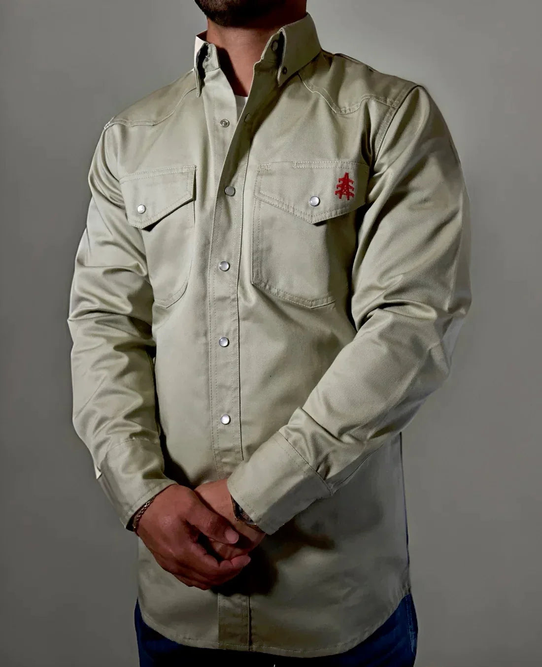 Khaki FR Western pearl snap work shirt available at Veloura Menswear
