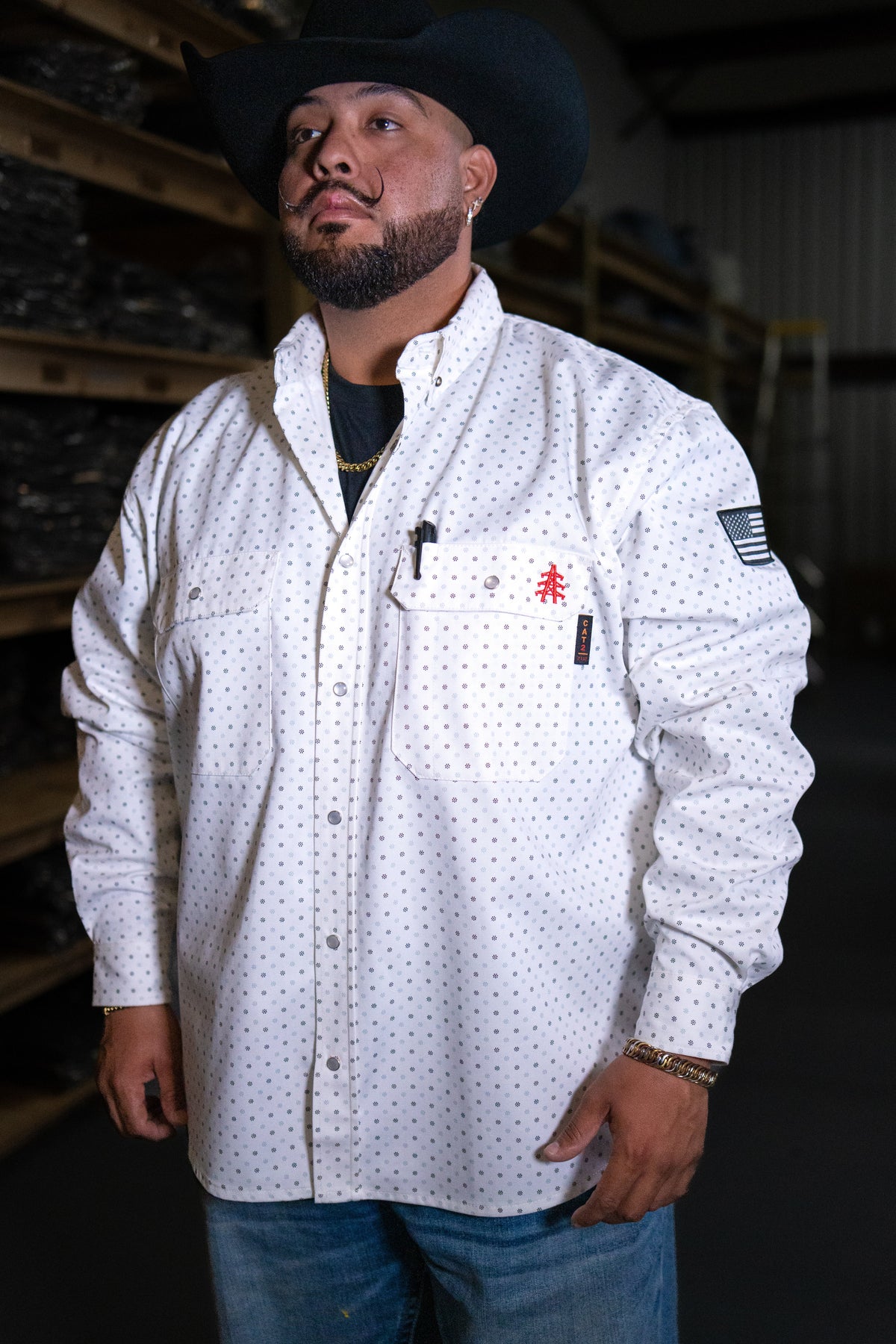 FR Pearl Snap Work Shirt - Phantom White with U.S. Flag: Ultimate Safety Meets Western Style
