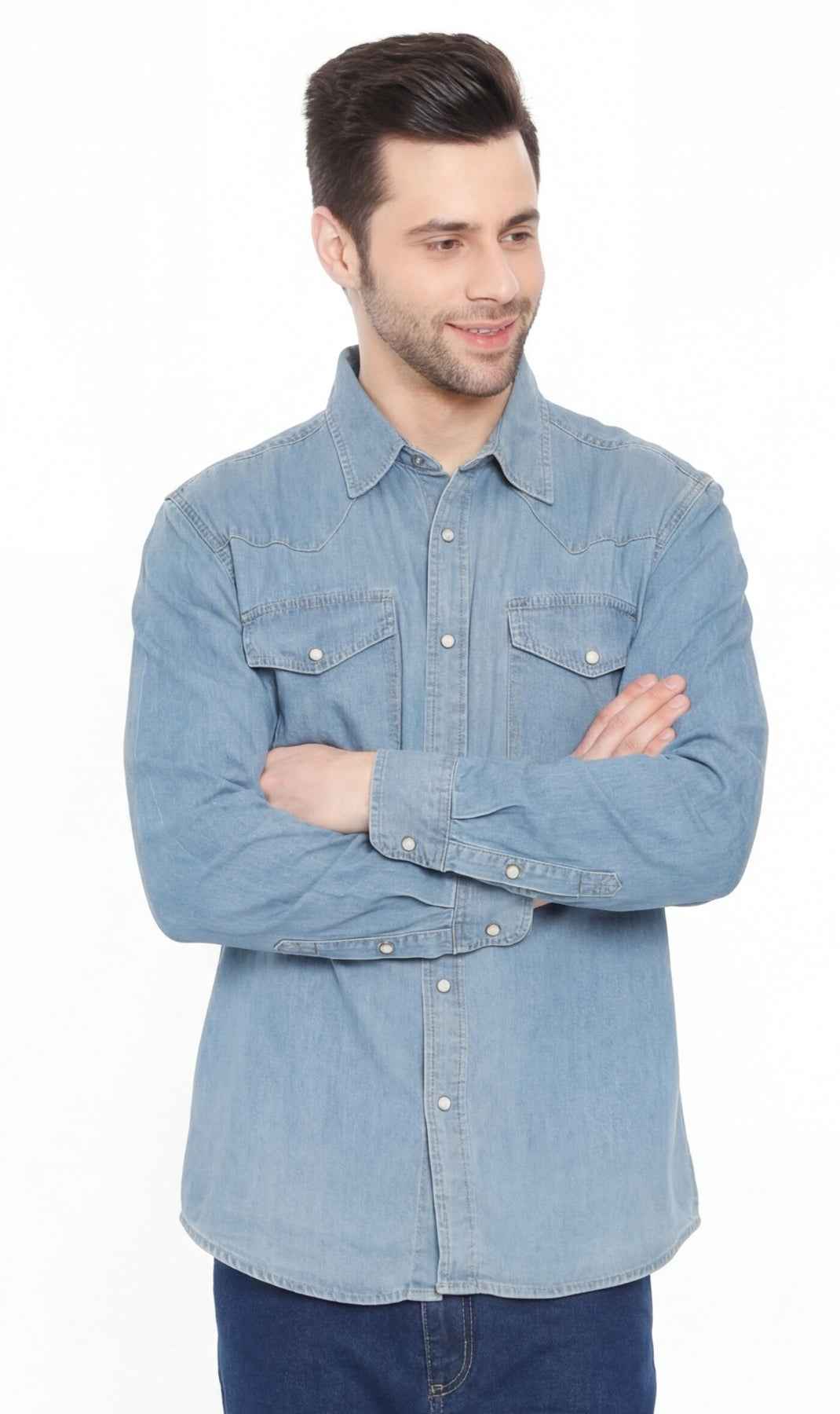 Men's Western Snap Button Shirt — Denim and Twill with Stitched Yoke