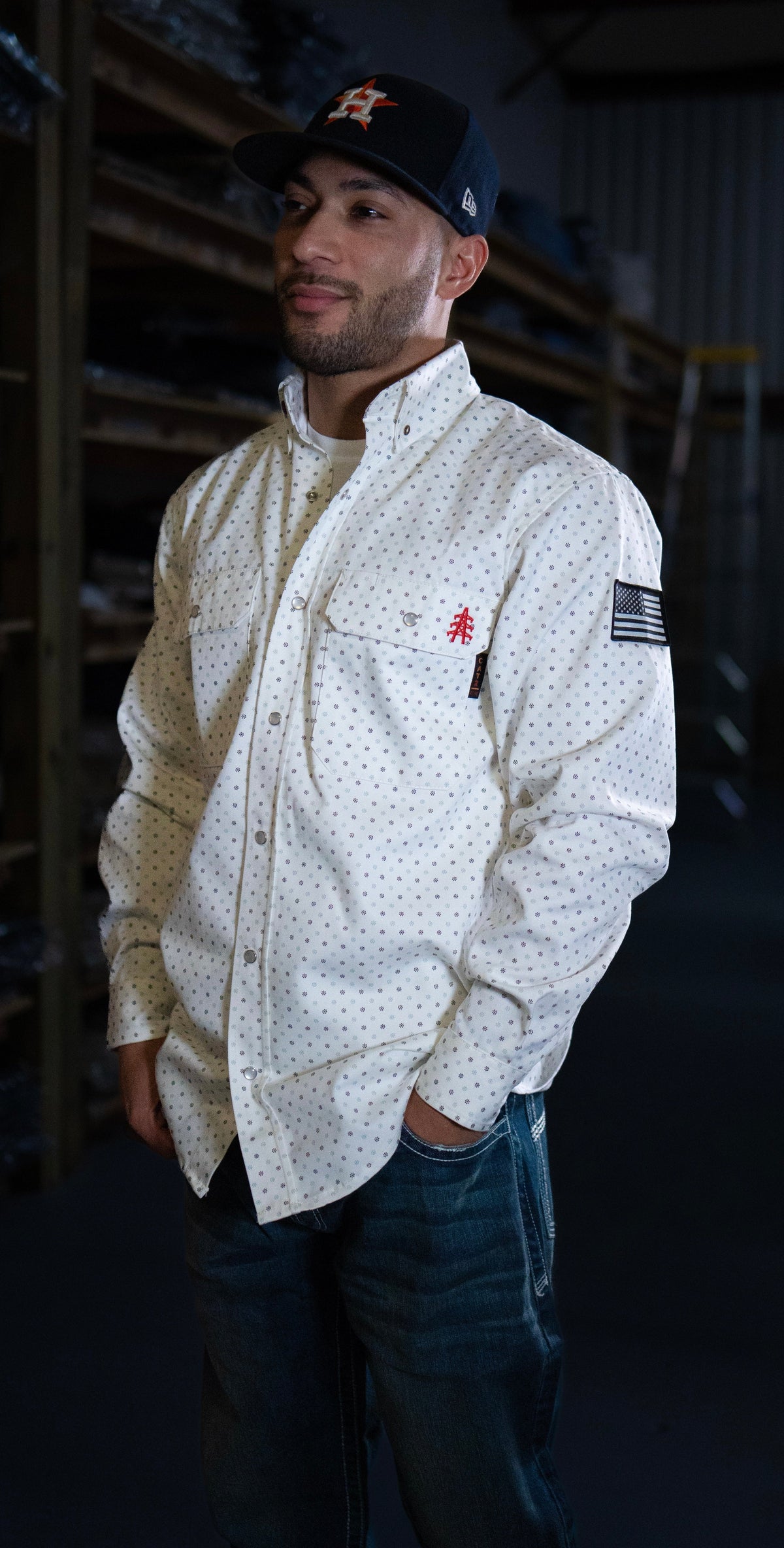 FR Pearl Snap Work Shirt - Phantom White with U.S. Flag: Ultimate Safety Meets Western Style