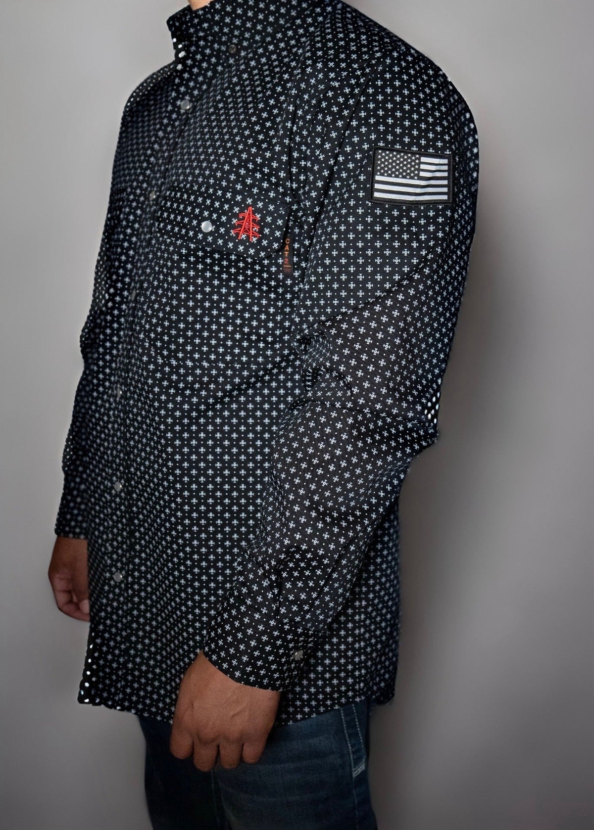 FR Pearl Snap Work Shirt - Reaper Black with U.S. Flag for Ultimate Safety and Comfort