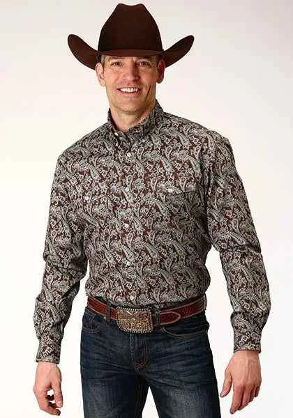 Brown paisley men's Western shirt for a paisley vs plaid Western shirt comparison