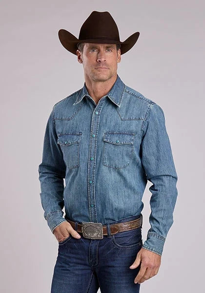 Stetson blue denim Western snap shirt for a men's double-denim outfit guide