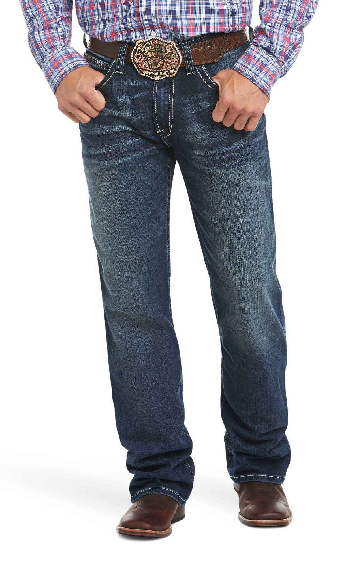 Ariat M4 low-rise bootcut jeans for men to wear with cowboy boots