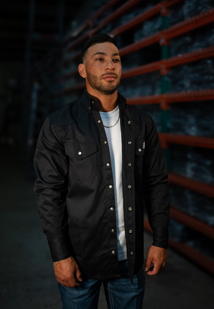 Black FR Western pearl snap work shirt for men
