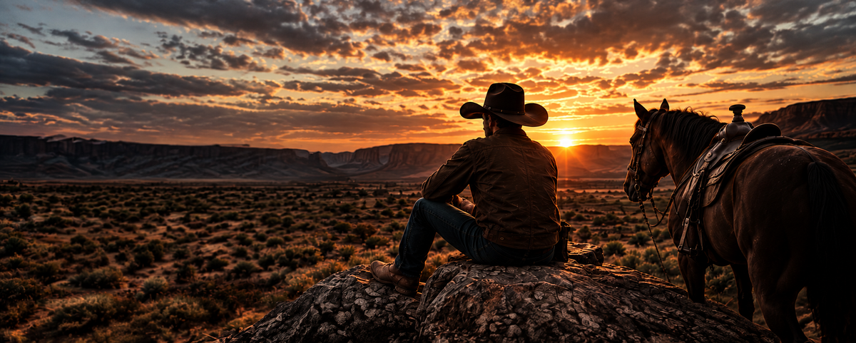Cowboy and saddled horse overlooking a West Texas sunset — Veloura Menswear