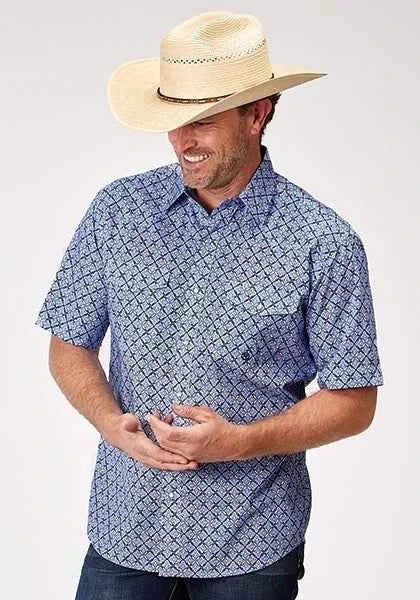 Roper 1932 Blue Skies Tie Print (Blue) - Men's Short Sleeve Shirt
