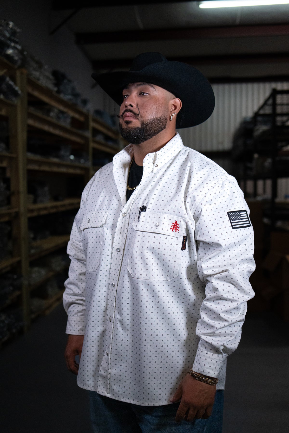 FR Pearl Snap Work Shirt - Phantom White with U.S. Flag: Ultimate Safety Meets Western Style