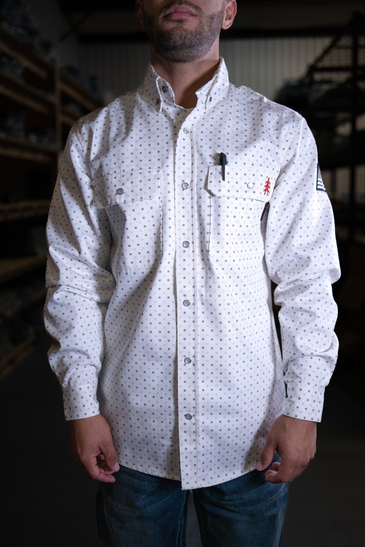 FR Pearl Snap Work Shirt - Phantom White with U.S. Flag: Ultimate Safety Meets Western Style