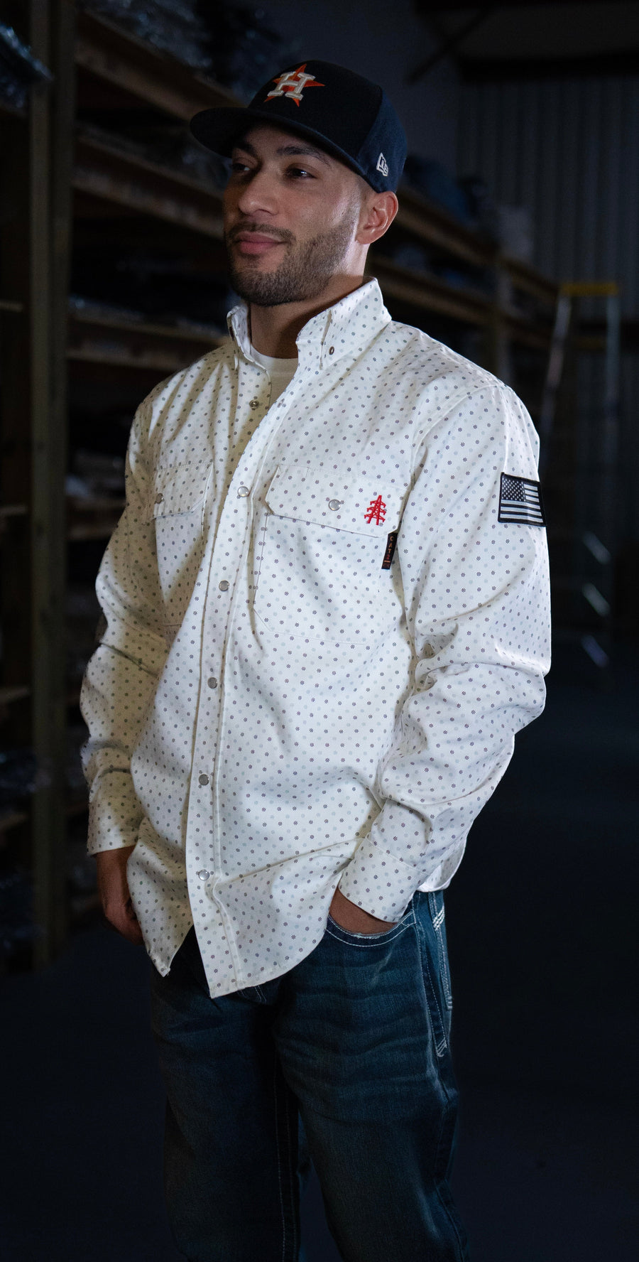 FR Pearl Snap Work Shirt - Phantom White with U.S. Flag: Ultimate Safety Meets Western Style