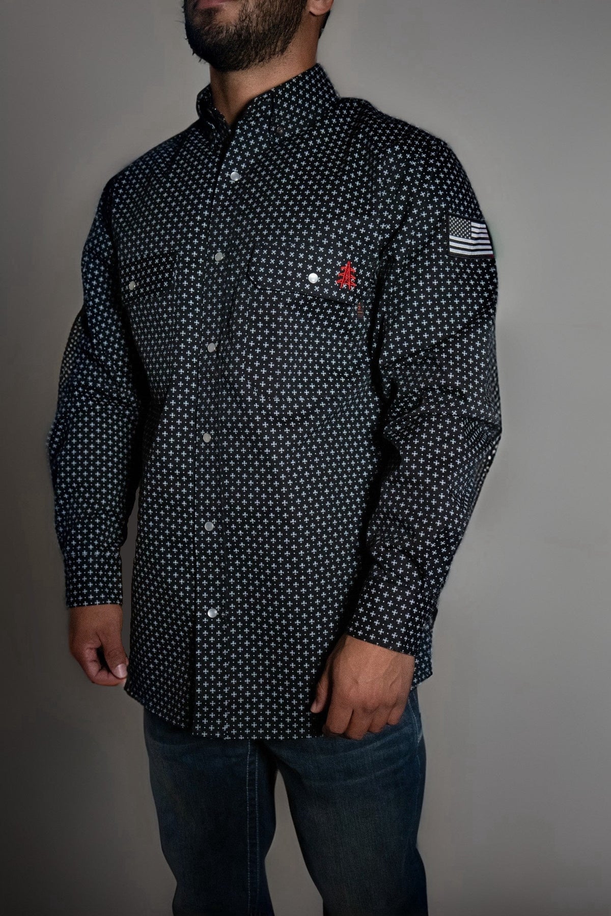 FR Pearl Snap Work Shirt - Reaper Black with U.S. Flag for Ultimate Safety and Comfort