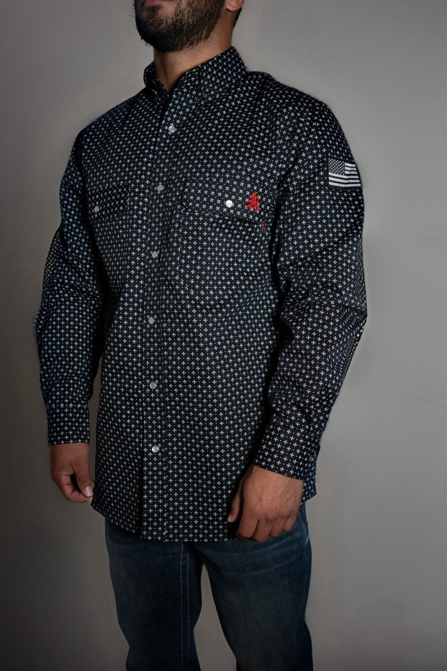 FR Pearl Snap Work Shirt - Reaper Black with U.S. Flag for Ultimate Safety and Comfort